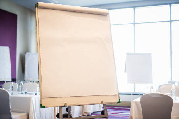 Blank white hanging blank flipchart or whiteboard stand in business planning for meeting presentation in office prepare for business people teamwork in briefing conference room