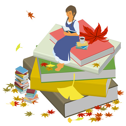 Woman reads books on books, in autumn leaves, vector illustration