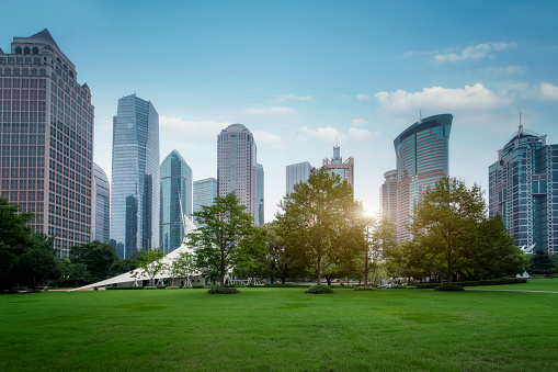 High rise buildings and park green space in Lujiazui Financial District, Shanghai
