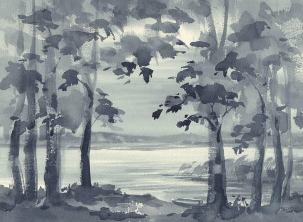 istock Summer landscape in grey with a lake and trees watercolor background 1264490534