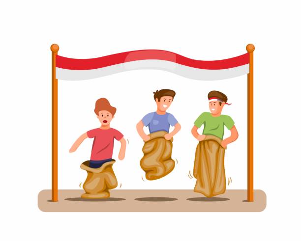 ilustrações, clipart, desenhos animados e ícones de meninos jogam competição de corrida de saco para celebrar o dia da independência da indonésia em 17 de agosto conceito em vetor de ilustração de desenho animado isolado em fundo branco - child playing sack race sports race