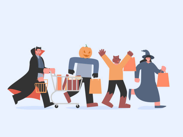 ilustrações de stock, clip art, desenhos animados e ícones de dracula with shopping cart and witch and werewolf and pumpkin monster with bag running to shopping in halloween tradition. devil group in the fantasy department store. - cartoon food running turnip