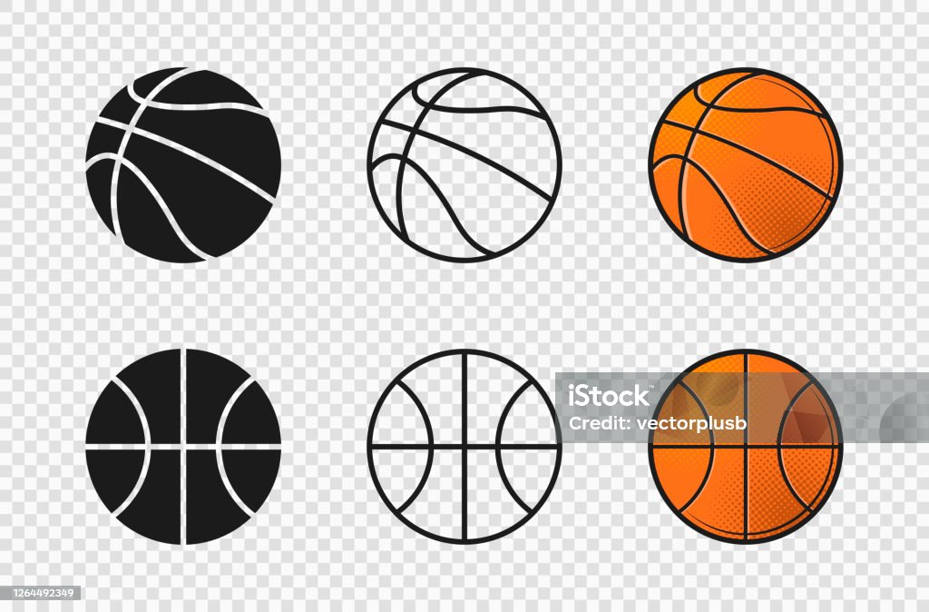 Basketball ball set icons. Orange color, silhouette, outline ball shape. - Royalty-free Basquetebol arte vetorial
