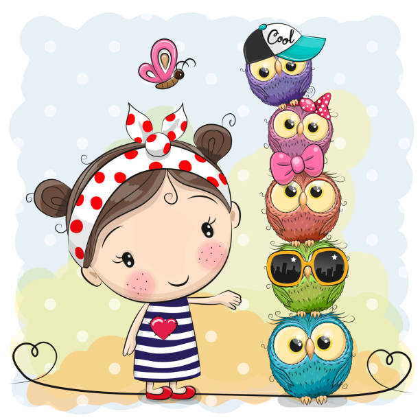 istock Cartoon Girl and owls on a blue background 1264497205