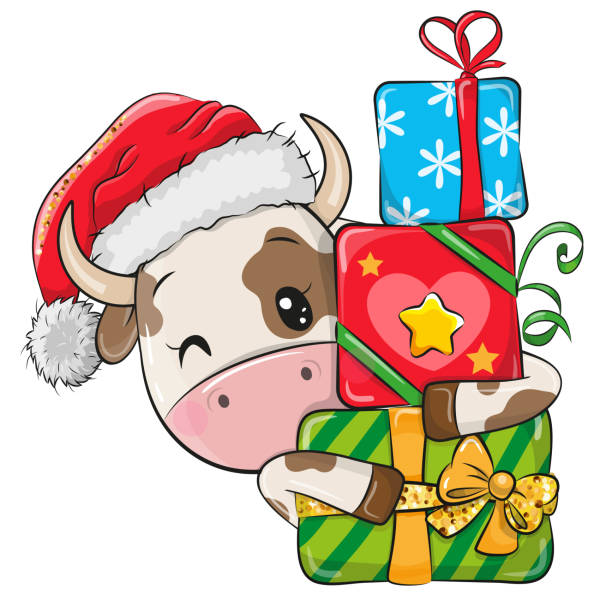 istock Cartoon Bull with gifts in a Santa hat 1264498325