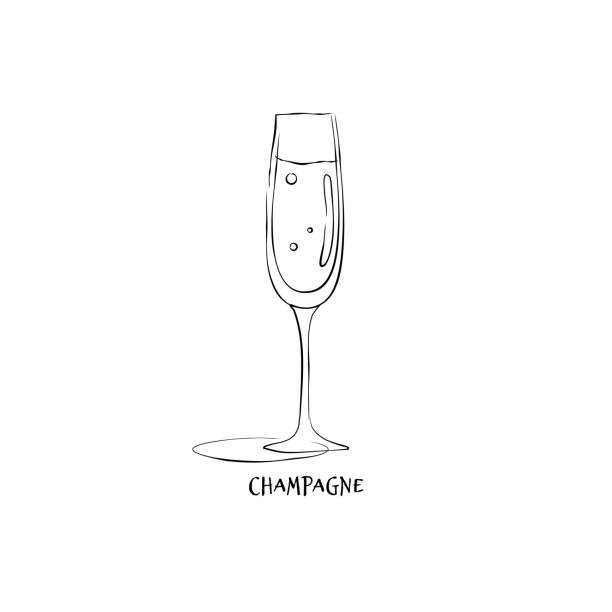 ワイングラスシャンパン。ドリンク要素。黒い白。レトロなガラスのシャンパンの手の引き、あらゆる目的のための設計。レストランのイラスト。シンプルなスケッチ。彫刻スタイルで白い� - champagne celebration glass black点のイラスト素材／クリップアート素材／マンガ素材／アイコン素材