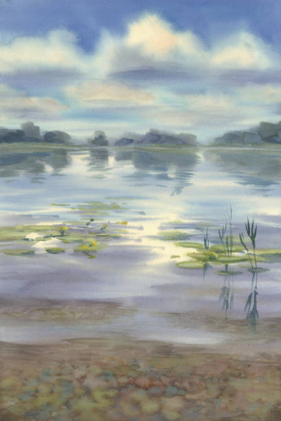 istock Summer landscape with a lake and trees watercolor background 1264505876
