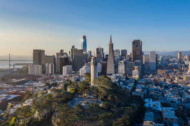 vista aérea dos marcos icônicos de são francisco - tower coit tower san francisco bay area san francisco county - fotografias e filmes do acervo