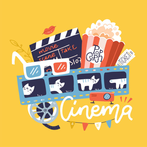 Cinema sign with icons set. Vector flat doodle bright hand drawn illustration. Cinematograph concept banner design template with popcorn, drink, film reel, movie cracker, ticket on yellow background. Cinema sign with icons set. Vector flat doodle bright hand drawn illustration. Cinematograph concept banner design template with popcorn, drink, film reel, movie cracker, ticket on yellow background movie drawings stock illustrations