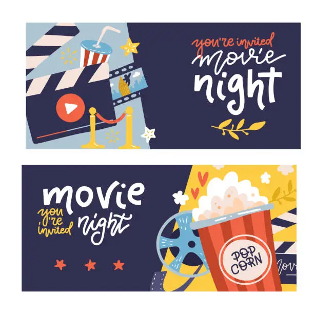 Vector illustration of Cinema cartoon horizontal banners set with cinema night symbols. Flat vector hand drawn illustration with lettering quotes.