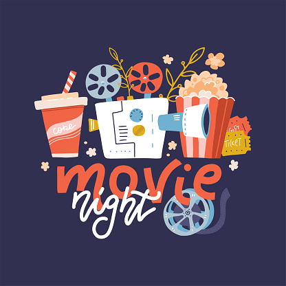 Cool vector web banner, design element on Movie Night event with lettering ,detailed retro motion picture film projector, admit one cinema theater tickets and popcorn. Cartoon flat Vector Illustration.