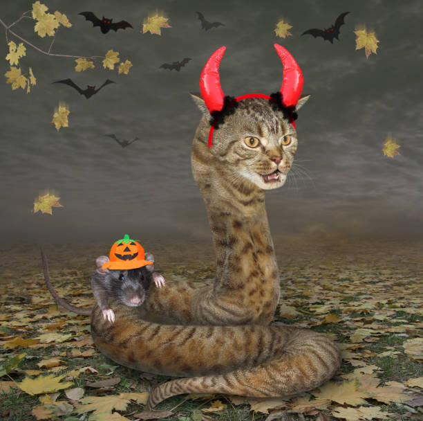 istock Cat snake with red horns in wood 1264507157