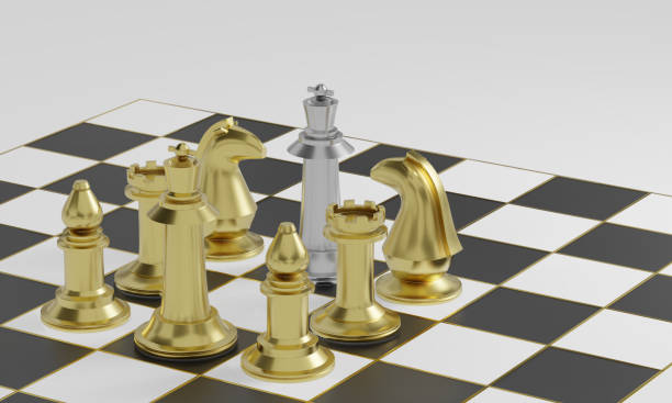 istock Golden chess pieces blockade silver on black and white board 1264508086
