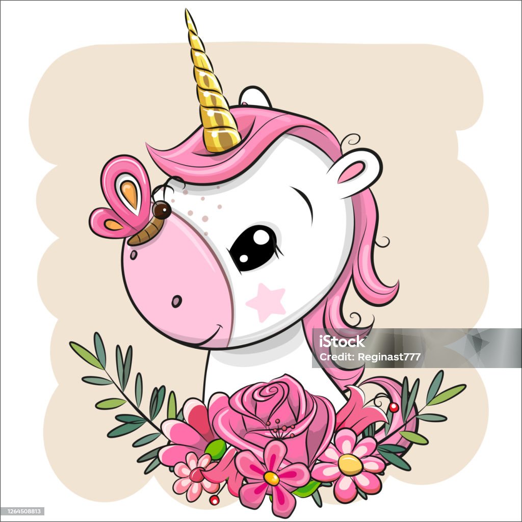 Cartoon Unicorn Với Những Bông Hoa Trên Nền Màu Be Hình minh họa ...