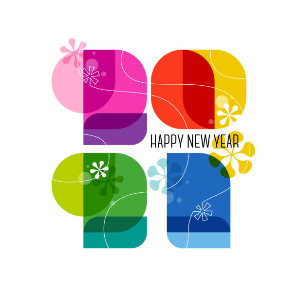 ilustrações de stock, clip art, desenhos animados e ícones de happy new year 2021 greeting card. cute colorful numbers with abstract vintage decoration isolated on white background. 60s retro style vector illustration for diary cover, calendar, brochure or flyer - 0 1 year