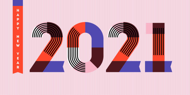 ilustrações de stock, clip art, desenhos animados e ícones de happy new year 2021 design. multicolored abstract numbers with stripes and ribbons on pink background. elegant vector illustration in retro style for holiday calendar, greeting card, flyer or banner - 0 1 year