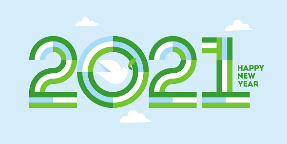 Happy New Year 2021 peaceful greeting card. Elegant striped numbers and white peace dove with olive branch at clear blue sky. Geometric vector illustration for brochure cover or holiday calendar