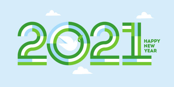 Happy New Year 2021 peaceful greeting card. Elegant striped numbers and white peace dove with olive branch at clear blue sky. Geometric vector illustration for brochure cover or holiday calendar Happy New Year 2021 peaceful greeting card. Elegant striped numbers and white peace dove with olive branch at clear blue sky. Geometric vector illustration for brochure cover or holiday calendar dove earth globe symbols of peace stock illustrations