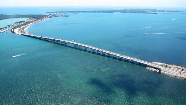 aerial shot of rickenbacker causeway - rickenbacker causeway imagens e fotografias de stock