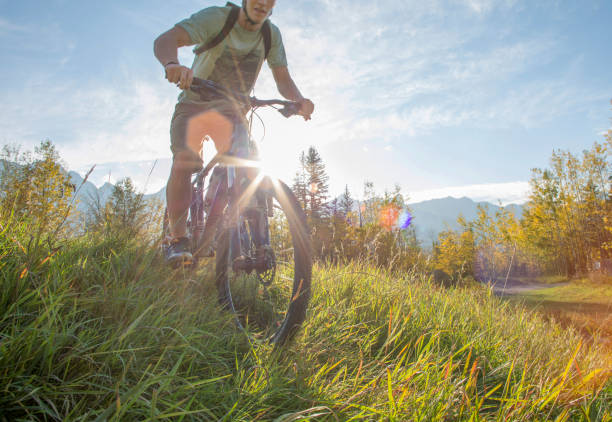 istock Mountain biker rides along grassy path, in autumn 1264515793