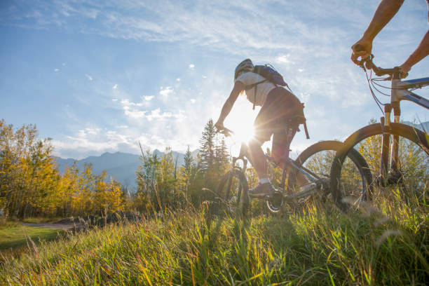 istock Mountain biker rides along grassy path, in autumn 1264515851