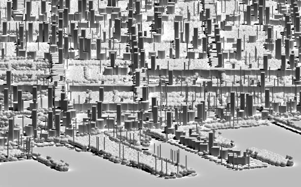 istock 3d abstract art with surreal black and white monochrome scatter cityscape landmark based on simple geometry figures as cube sphere tube 1264516009