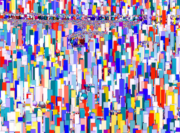 istock 3d abstract art with surreal cityscape landmark based on simple geometry figures as cubes spheres rectangles tubes and cylinders in blue red yellow green and white color 1264516024