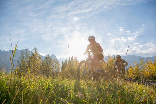 ciclista de montaña anda por el camino de hierba, en otoño - usa action adventure aspen tree fotografías e imágenes de stock