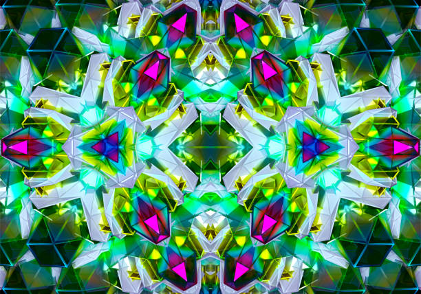 rendu 3d de l’art abstrait fond 3d avec une partie de la fleur d’émeraude de symétrie fractale de kaléidoscope basée sur des diamants et des cristaux dans des formes de modèle de triangle dans la couleur pourpre et blanche verte - kaleidoscope fractal psychedelic abstract photos et images de collection