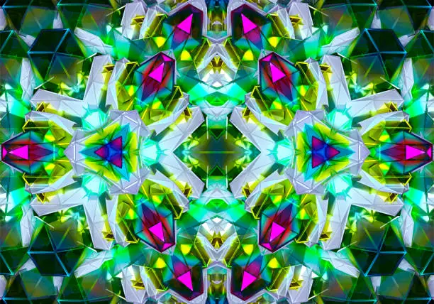 Photo of 3d render of abstract art 3d background with part of kaleidoscope fractal symmetry emerald flower based on diamonds and crystals in triangle pattern shapes in green purple and white color
