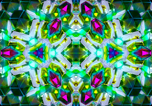 3d render sztuki abstrakcyjnej 3d tło z częścią kalejdoskopu fraktal symetrii szmaragdowy kwiat na podstawie diamentów i kryształów w kształtach wzoru trójkąta w kolorze zielonym fioletowym i białym - kaleidoscope fractal psychedelic abstract zdjęcia i obrazy z banku zdjęć