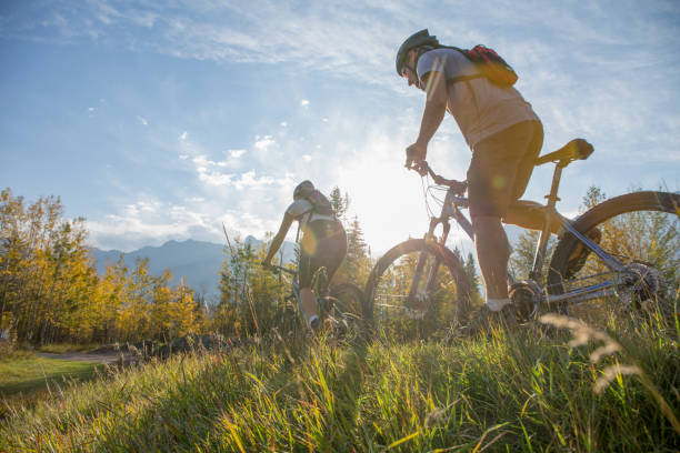 Mountain biker rides along grassy path, in autumn Followed by friend riding behind; aspen forest and mountains in distance mountain biking stock pictures, royalty-free photos & images