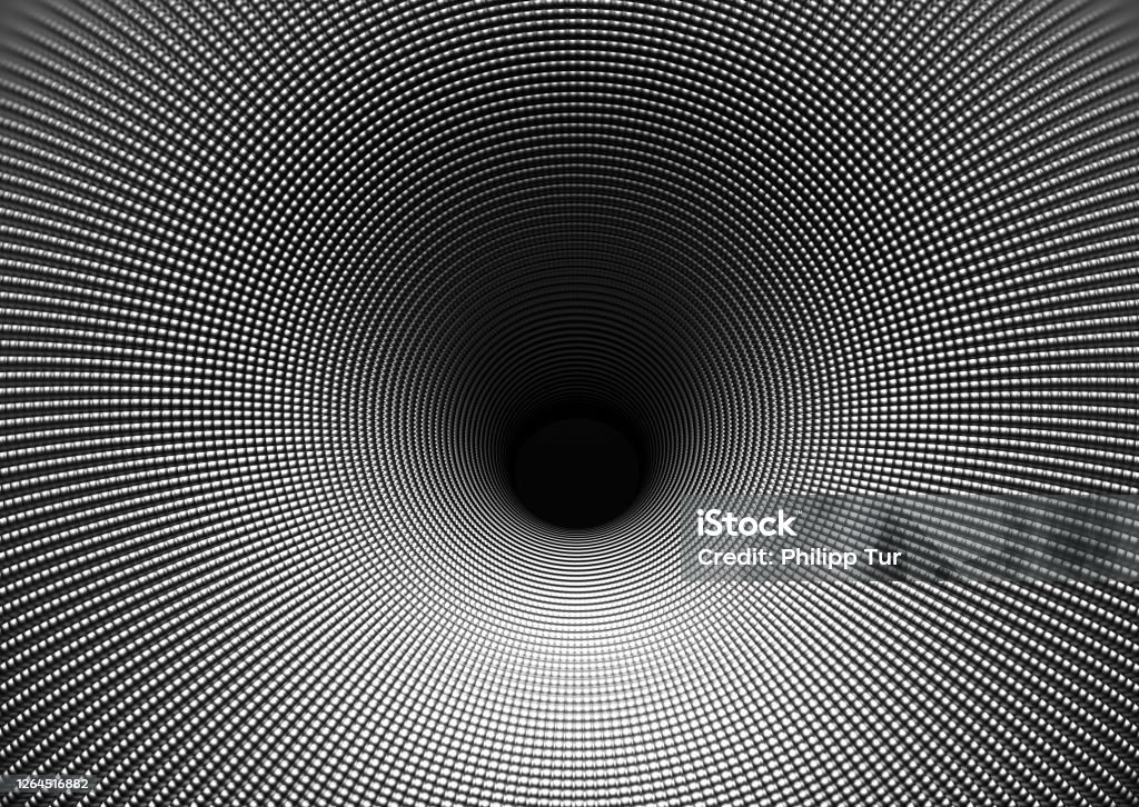 3d render of abstract black and white monochrome art 3d background with surreal funnel tunnel or black hole in the center in metal aluminum metal with fractal cubical pattern on surface 3d black hole or funnel Black Hole - Space Stock Photo