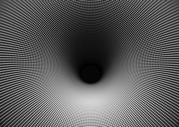 3d render of abstract black and white monochrome art 3d background with surreal funnel tunnel or black hole in the center in metal aluminum metal with fractal cubical pattern on surface 3d black hole or funnel black hole 3d stock pictures, royalty-free photos & images