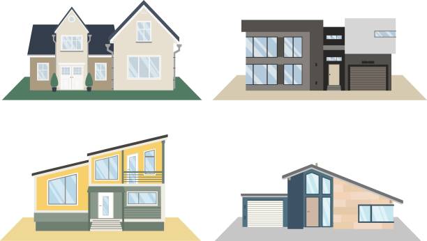 ilustrações de stock, clip art, desenhos animados e ícones de set of modern architecture residential buildings. private house.
scandinavian cottage exterior. vector graphic design. - scandic