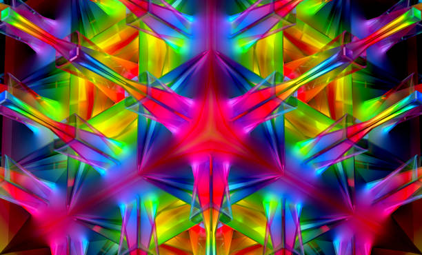 네온 퍼플 핑크 그린과 블루 그라데이션 컬러 라이트가 있는 무광택 유리 소재의 프랙탈 피라미드 또는 삼각형 별 모양의 초현실적 대칭 에메랄드 패턴의 일부인 추상 미술 3d 배경의 3d 렌더링 - kaleidoscope 뉴스 사진 이미지