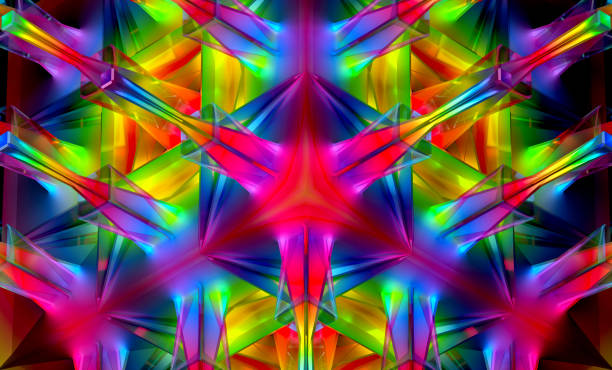 3d render of abstract art 3d background with part of surreal symmetry emerald pattern based on fractal pyramid or triangles star shapes in matte glass material with neon purple pink green and blue gradient color light 3d abstract fractal pattern background kaleidoscope pattern stock pictures, royalty-free photos & images