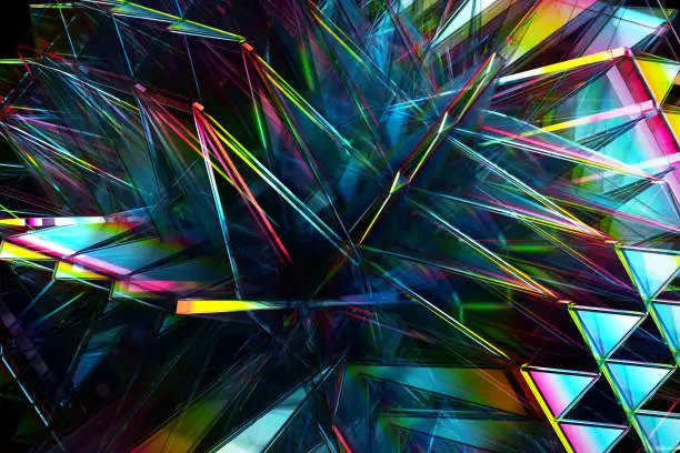 Photo of 3d render of abstract art with part of surreal alien fractal detail based on triangle pyramid figures in emerald super reflective glass material in rainbow spectrum gradient color on black