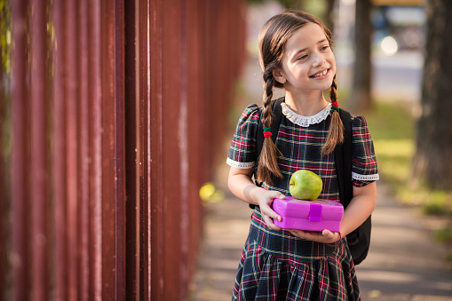 Happy cute school girl  holding lunch box and smiling