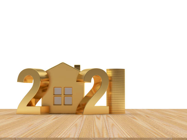 istock Golden 2021 with house and coins in a stack 1264517509