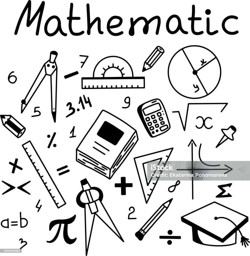 Set of doodles with mathematical elements. Set of doodles with mathematical elements, protractor, ruler, pencils compasses school math lesson. Vector illustration with icons Mathematical Symbol stock vector