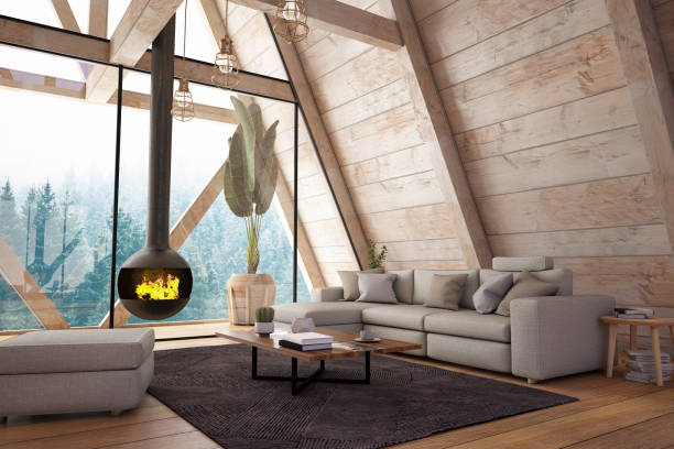 istock Wooden Interior with Funiture and Fireplace 1264524163