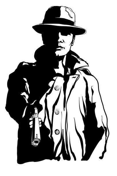 Gangster with a gun in the style of 1950 black and white movie Gangster with a gun in the style of 1950 black and white movie - vector illustration (Ideal for printing on fabric or paper, poster or wallpaper, house decoration) drug cartel stock illustrations