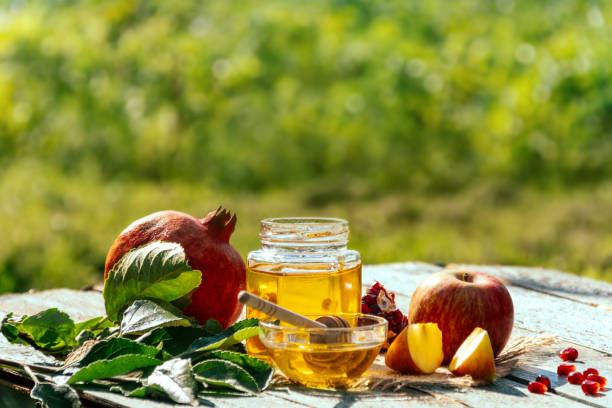 manzana y miel y granada, comida tradicional de año nuevo judío - rosh hashana. - rosh hashanah fotografías e imágenes de stock