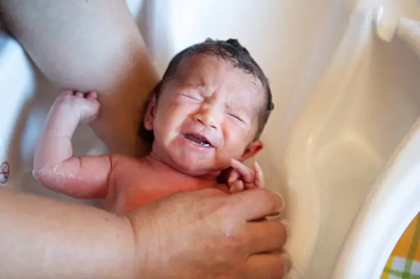 Photo of a newborn girl crying while having a bath.