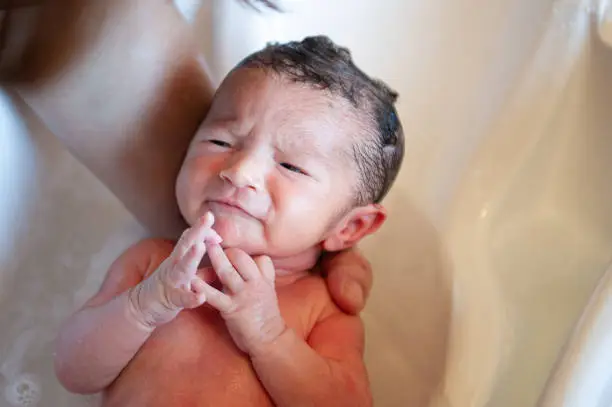 Photo of a newborn girl crying while having a bath.