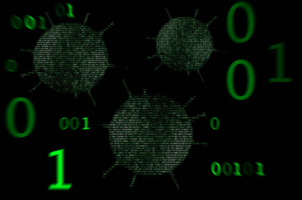 illustrazione 3d virus computer in codice binario - ascii art foto e immagini stock
