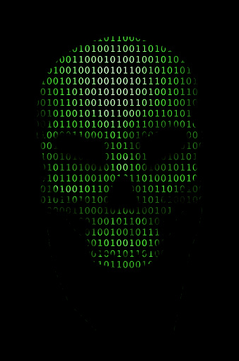 Green binary code computer virus ASCII 3D Illustration scary skull
