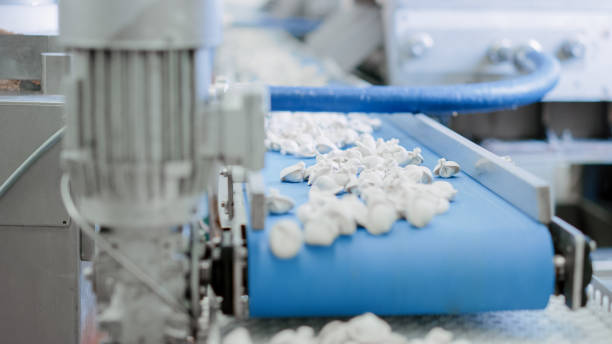 istock Close Up Shot of the Automatic Machine Production Process at a Dumpling Factory. Fresh Raw Pelmeni Fall On the Conveyor Belt. Industrial Machinery Operating at a Food Factory. 1264531352