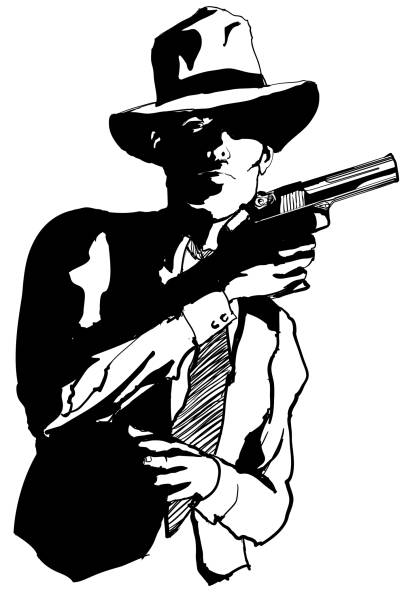 Gangster with a gun in the style of 1950 black and white movie Gangster with a gun in the style of 1950 black and white movie - vector illustration (Ideal for printing on fabric or paper, poster or wallpaper, house decoration) drug cartel stock illustrations